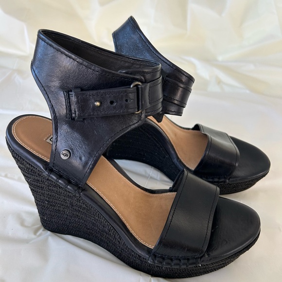 UGG Shoes - UGG Black Leather Wedge Sandals, size 8